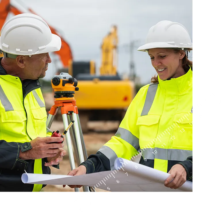 Zwei Vermessungstechniker die einen Plan zusammen besprechen